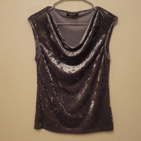 Dkny Tops - DKNY Gray Silver Crushed Velvet Sleeveless Cowl Neck Stretch Blouse Top Sz S